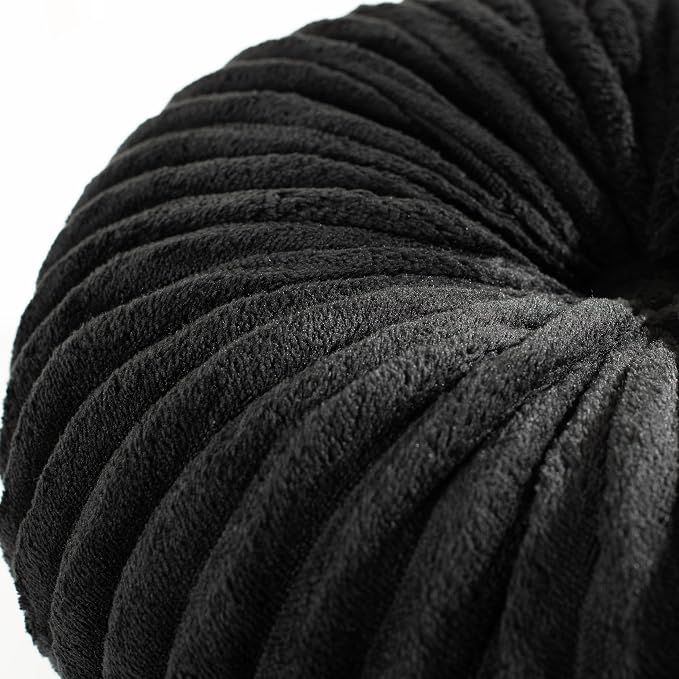 HIG Set of 2 Black Flannel Decorative Round Pleated Throw Pillows | Vintage Floor Pillows, Classy Accent Pumpkin with Center Button, for Sofa Couch Vanity Chair Bed, 14.5" Diameter