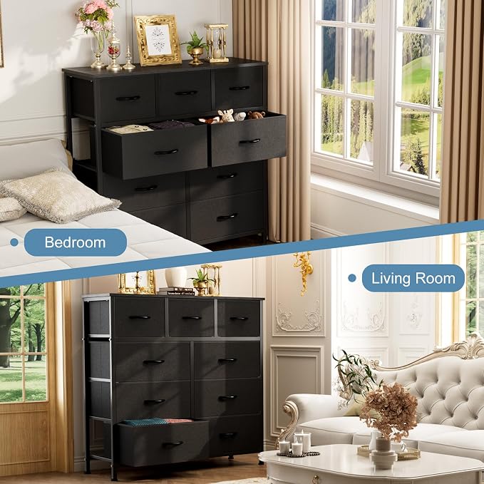 DUMOS Dresser for Bedroom, Storage Organizer with 9 Drawers | Chest of Drawers with Fabric Bins, Sturdy Metal Frame, Wood Tabletop for Guest Room, Closet, Entryway, Solid Black