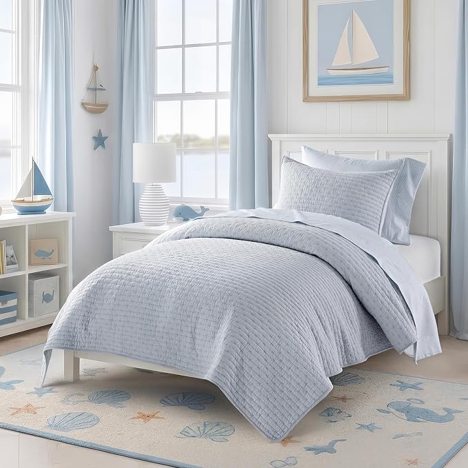 100% Cotton Cross Stitch Quilt Set, Twin, Powder Blue | 100% Cotton, Elegant Cross Stitch, Soft & Breathable, Prewashed Softness, Oversized Design, OEKO-TEX® Certified