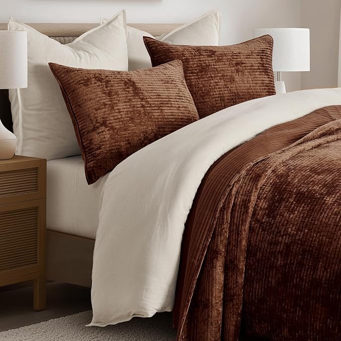 EverGrace Striped Channel Velvet Quilt Set, Queen Size, Rust Brown | Luxurious Soft Lightweight Velvet Comforter, Oversized Bedspread Coverlet, Quilted Bedding Set for All Season, with 2 Shams