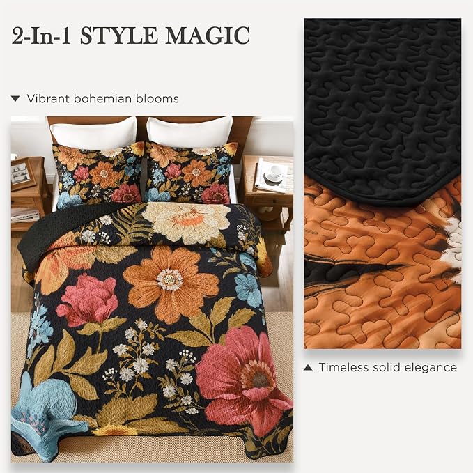 Quilt King Size, Colorful Floral Boho Summer Bedspread 3 Pieces | Golden Flower Botanical Summer Bedspreads with 2 Shams, Reversible Polyester Coverlet Set for All Seasons, 106"x96"