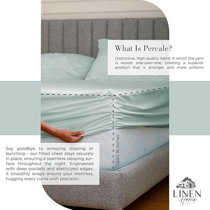 Linen Home 100% Cotton Percale Sheets Twin XL Size, Pastel Turk, Deep Pocket, 3 Pieces Set- 1 Flat, 1 Fitted and 1 Pillowcase, Crisp Cool and Long Staple Strong Bed Linen