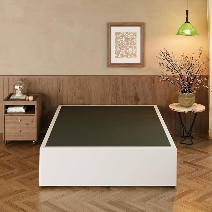 EMODA Queen Bed Frame with White Cover No Box Spring Needed, 18 Inch Heavy Duty Metal Platform BedFrame Queen Size with Steel Slats, Easy Assembly