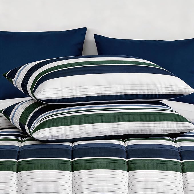 Monbix Queen Comforter Set-7 Pieces Striped Bed in a Bag Queen Bedding Sets | All Season Indigo Blue Reversible Soft Comforter Bed Set with Sheets, Pillowcases & Shams