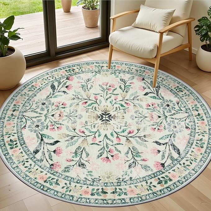 PLHXFR Round Area Rug Living Room: 4 ft Floral Washable Carpet Green Beige | For Bedroom Dining Room Farmhouse Nursery Hallway,Vintage Floral,Machine washable,Non Slip,Stain Resistant,Large Indoor