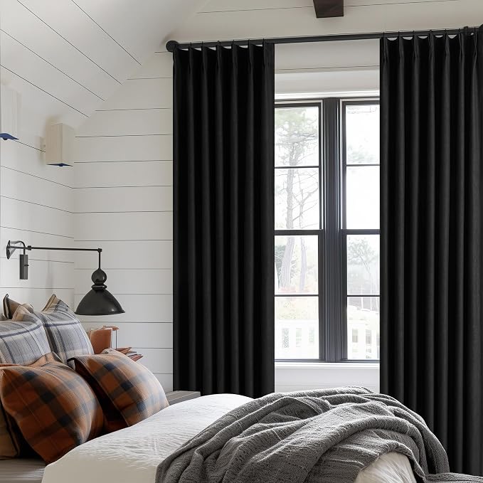 Black Pleat Linen Blackout 102 Inch Curtains for Bedroom 2 Panels | 100% Black Out Thermal Insulated, Pinch Pleat with Rings Hooks, Room Darkening Drapes with Liner, for Living Room W40xL102