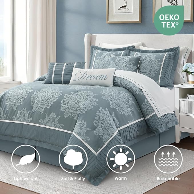 Blue King Size Comforter Set, 15 Pieces, Damask Jacquard Woven, Bedding Set with Sheets, Room in a Bag, Comforter, Bed Skirt, Pillow Shams and Decor Pillows, Curtains