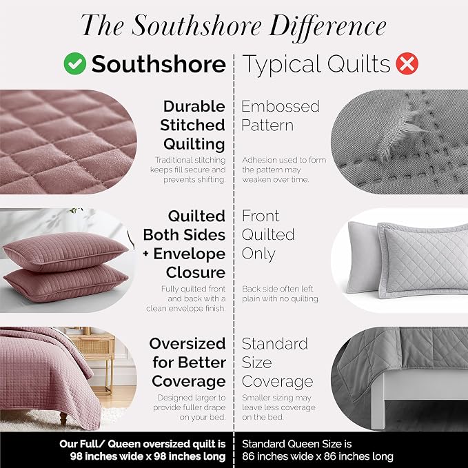Southshore Fine Living, Inc. Full/Queen Quilt Set, Full Size Quilts with 2 Matching Pillow Shams, Lightweight Quilt Coverlet, Lightweight, Easy Care Machine Washable Queen Size Bedspread, Lavender
