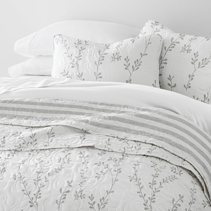 Merit Linens Soft Quilt Coverlet Bedding Set - Reversible Patterns - Full/Queen Light Gray