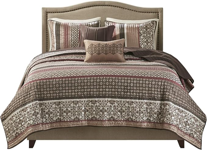 Madison Park Quilt Set Luxurious Jacquard Stripes Design - All Season, Coverlet Bedspread Lightweight Bedding Layer, Shams, Decorative Pillow, Full/Queen(90"x90"), Floral Red 5 Piece | All Season, Luxurious Coverlet Bedspread Lightweight Bedding Layer,...