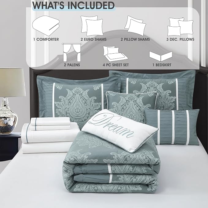Blue California King Comforter Set, 15 Pieces, Damask Jacquard Woven, Bedding Set with Sheets, Room in a Bag, Comforter, Bed Skirt, Pillow Shams and Decor Pillows, Curtains