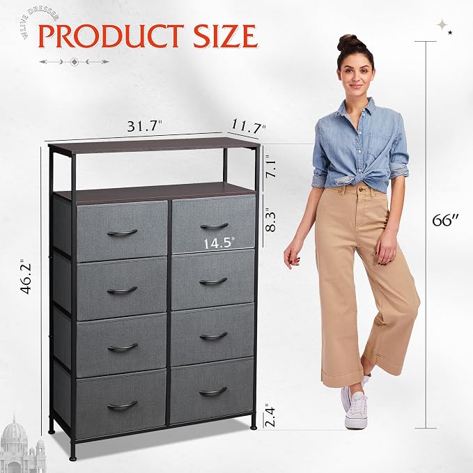 WLIVE 8 Drawer Fabric Dresser Open Shelves, Tall Bedroom Chest, Dark Grey | Dark Grey 8 fabric drawers plus open shelves, steel frame with wood top, great for bedroom closet entryway and dorm storage
