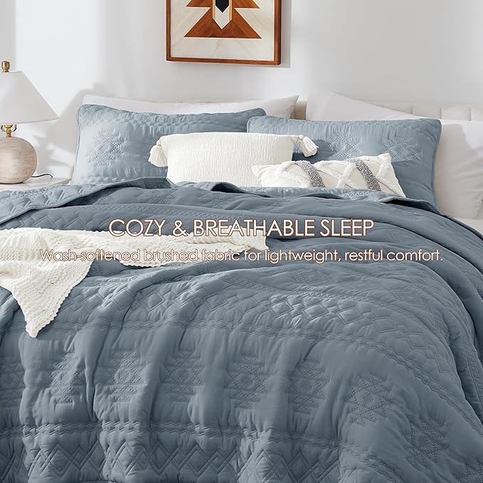 WDCOZY Boho Blue Grey Oversized California Cal King Size Quilt Bedding Sets with 2 Pillow Shams, Farmhouse Lightweight Soft Bedspread Coverlet for All Season, 116x106 inches