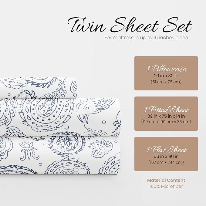 Linen Market Double-Brushed Patterned Microfiber Twin Sheet Set 3 Piece – Oeko-TEX Certified Ultra Soft & Wrinkle-Free - 16" Deep Pocket Sheets - Easy Care Twin Size - Coarse Paisley Navy