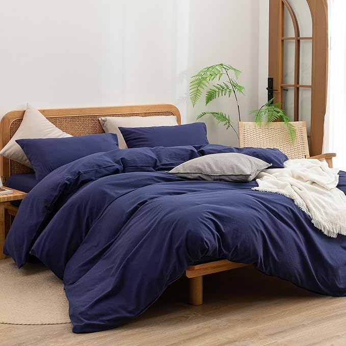 BESTOUCH Cotton Solid Duvet Cover Set Linen Feel Navy Blue Super King | 100% Washed Cotton, Soft Wrinkle Texture, Hidden Zipper, 8 Ties, Breathable Lightweight Durable Comfy, 3 Pcs No Insert
