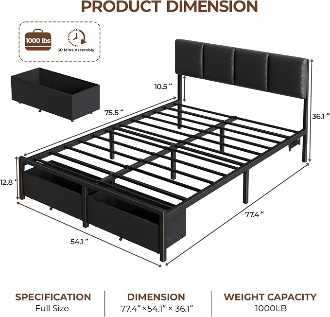 Full Size Bed Frame with PU Upholstered Headboard and 2 Drawers | Metal Platform Bed with Charging Station, LED Light and Fabric Storage Drawers, Noise Free, No Box Spring Needed, Black