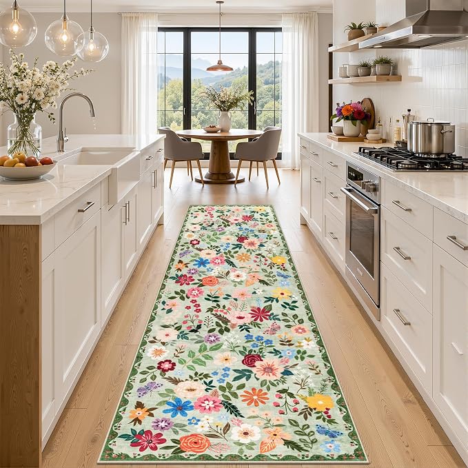 PLHXFR 2.6x10 Washable Runner Rug：Floral Indoor Kitchen Soft Carpet Green | For Hallway Bedroom Kitchen Laundry Bathroom Dorm,Vintage Floral,Machine washable,Non Slip,Stain Resistant,Indoor Floor