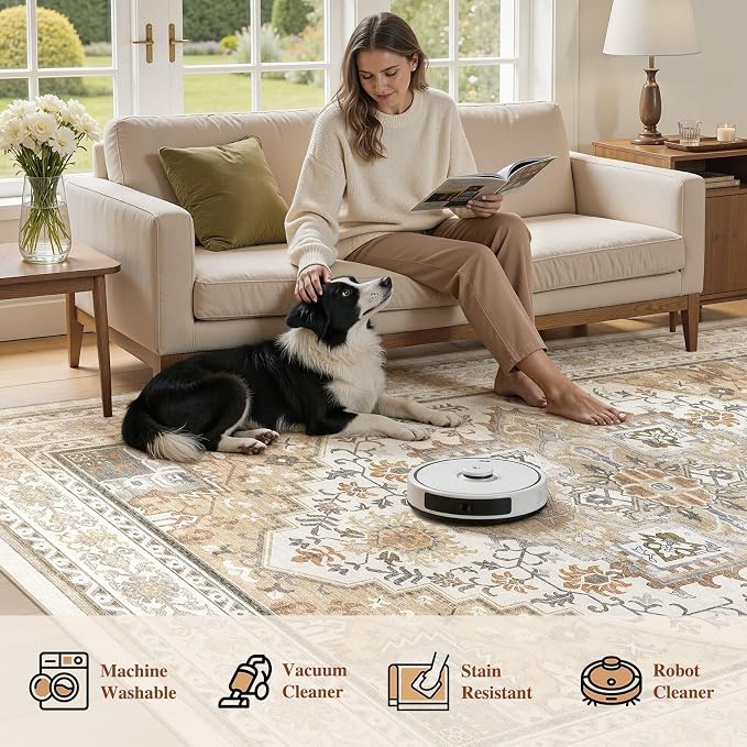 UERMEI 10x14 Area Rug for Living Room - Washable Vintage Carpet, Non-Slip Soft Large Indoor Floor Rugs for Bedroom Home Office & Under Dining Table Decor, Brown Beige