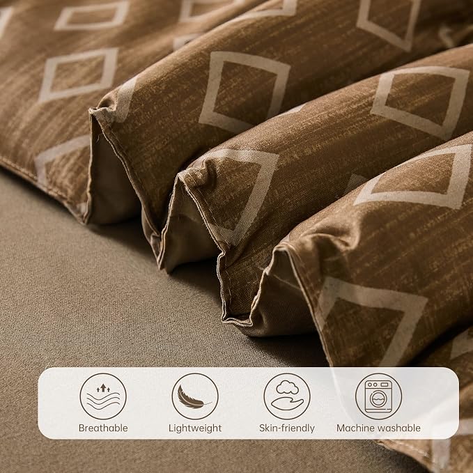 Cottolester Boho King Comforter Set,Khaki and Brown Striped Bed in a Bag | Fall Plaid Bed Set,Soft Microfiber Complete Bedding Sets