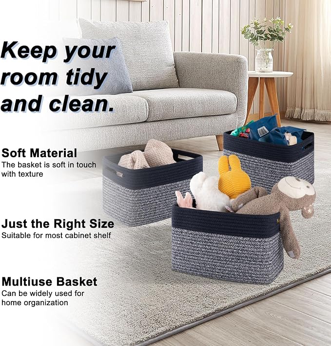 4 Pack Storage Baskets for Organizing, Woven Baskets for Shelves - Perfect for Toys, Books, Towels, and Clothes, Durable Gift Basket Bins Toy Storage, 12.7''L x9''W x7.8''H, Blue and Grey