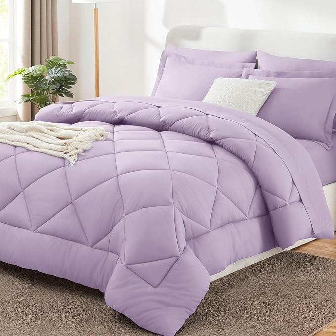 King Size Comforter Set Lavender - 7 Pieces Complete Bedding Set | OEKO-TEX Certified, All Season, 240GSM Down-Alternative Comforter, Sheets, Pillowcases & Shams, 14" Deep Pocket, Easy Care