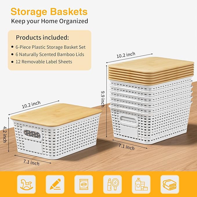 6 Pack Plastic Storage Baskets,White bamboo lid storage Box | Labels, Stackable, For Organizing Shelves Pantry Drawers Desktop Closets Organizing Desktop Closet Playroom Classroom