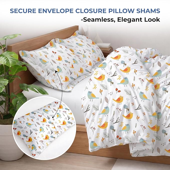 3 Pc Queen Size Duvet Cover Set- 100% Egyptian Cotton 600 Thread Count Ultra Soft Premium Durable Comforter Cover Zipper Closure & Corner Ties (Forest Birds,Queen/Full 90" X 90")