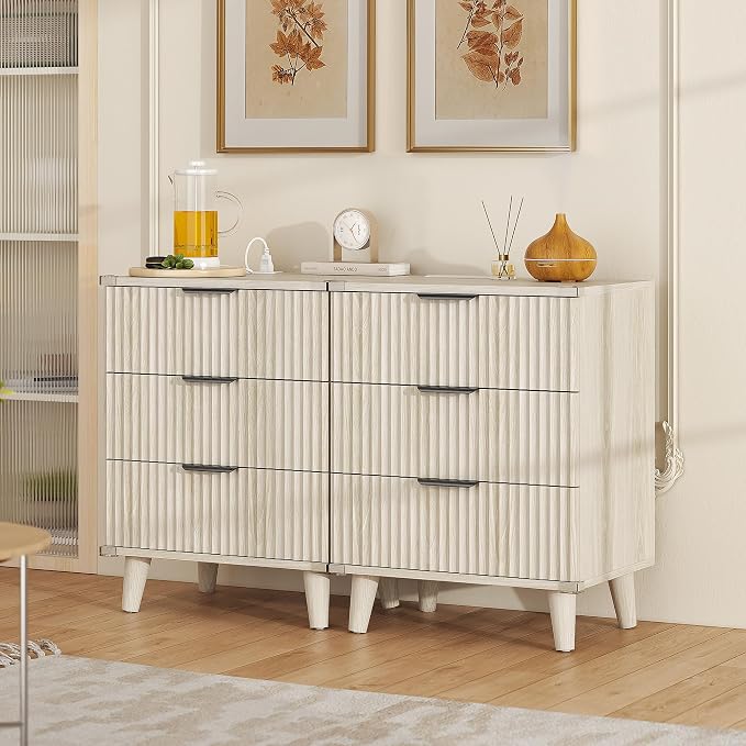 Lulive Wood Bedside Table w/Charging Station, 3 Drawers Fluted Dresser | Grey White, Large Drawers, Metal Silent Rails, FSC Wooden, Sturdy Legs, Modern Fluted Panel, Living Room, Bedside Table
