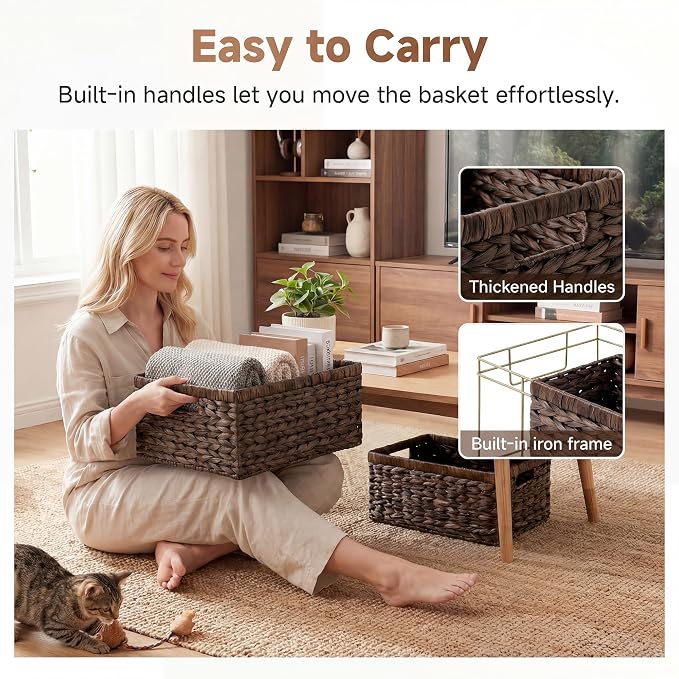 StorageWorks Large Wicker Baskets for Storage, Dark Brown Baskets, 2-Pack | Hyacinth Dark Brown Wicker Baskets with Handles, Wicker Storage Baskets for Organizing, Wicker Storage Baskets for Shelves