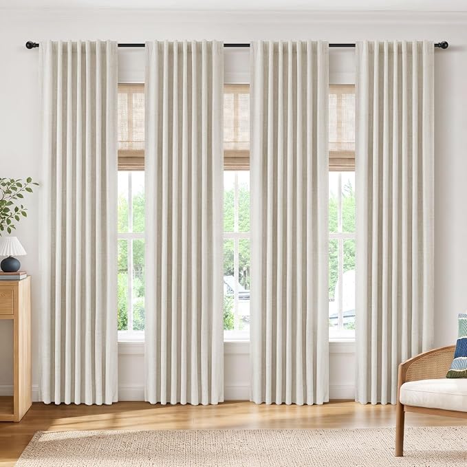 INOVADAY 100% Blackout Linen Curtains for Bedroom 42x102 Inches Cream | Linen Textured, Light Blocking, Room Darkening, Thermal Insulated, Back Tab Top, Window Curtains for Living Room, 4 Panels