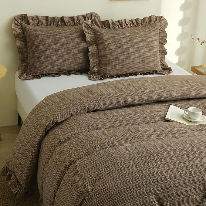 Silnuo Warm Camel Plaid Gingham Ruffle 3-Piece Duvet Cover Set Queen Size | 100% Washed Cotton Shabby Checkered Plaid Bedding Set Farmhouse Comforter Set(Queen,Warm Camel)