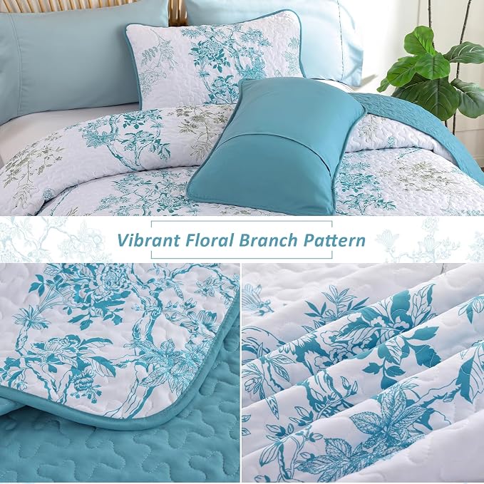 WONGS BEDDING Floral Quilt Set Full, 3 Pcs Teal Bedspreads Coverlets | Spring Summer Floral Farmhouse Bedspread with 2 Shams,Soft Microfiber Lightweight Coverlet for All Season 78"×90"