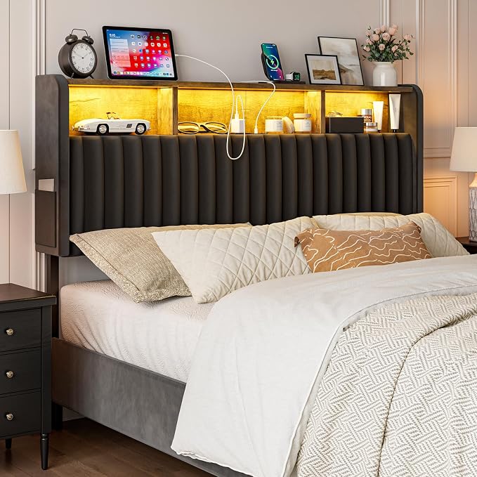 IKIFLY Velvet Full Size Storage Headboard Only, Adjustable Height, Black | Upholstered Head Board with LED Lights & Charging Station, Easy Assembly, Modern Freestanding Headboard, Attach Frame