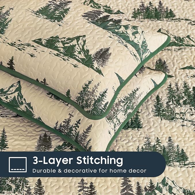 Wake In Cloud - Rustic Quilt Set, Cabin Forest Woodland Camping Theme with Lodge Mountain Print, Reversible Lightweight Bedspread Coverlet, 3 Pieces, Green Brown, Queen/Full Size