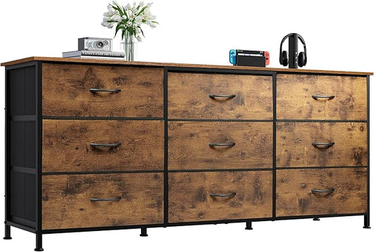 WLIVE Dresser TV Stand for 65 Inch TV, 9 Drawer Dresser, Rustic Brown | Fits TVs up to 65 inch, 9 roomy fabric drawers, Wide wood tabletop, Living room or bedroom, Chest of drawers