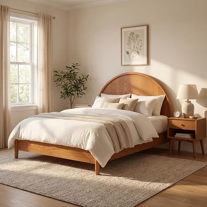 Christopher Knight Home Elsinore Full Size Bed Frame with Arched Headboard, Modern Wooden Platform Bed, Wood Bed Support and Slats, No Box Spring Needed, Full Size Beds for Adult, Light Brown