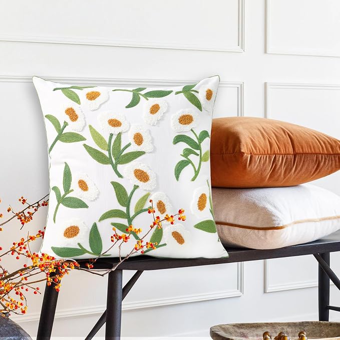Pack of 2 Embroidered Decorative Throw Pillow Cover 18x18 Inch Farmhouse Floral Pillowcase for Living Room Sofa Bed (White Glass Flower)