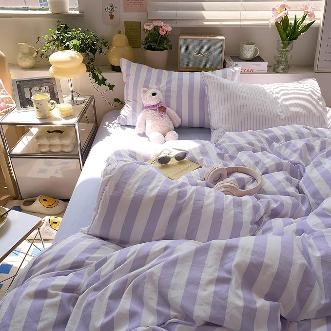 LifeTB Striped Comforter Set Queen, Vintage Purple White Stripes Pattern Printed Bedding Set, Lightweight Soft Striped Bed Comforter with 2 Pillowcases, Farmhouse 3 Piece Comforter Set for All Season