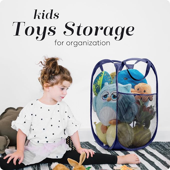 Handy Laundry Collapsible Mesh Pop Up Laundry Hamper 2-Pack – Large Foldable Laundry Basket with Side Pocket, Breathable & Durable, Space-Saving for Clothes, Toys, Travel, Dorm, Bedroom, Blue