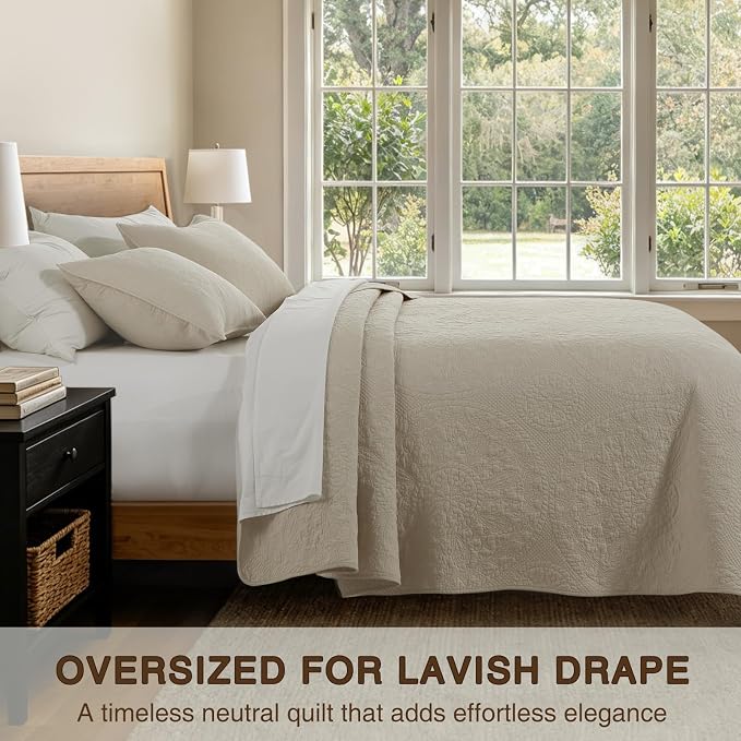 GOONE 100% Cotton Oversized King Quilt Set 112"x106" Light Beige | Lightweight Breathable Oversized Bedspread Coverlet for Summer, Farmhouse Stitched Medallion Pattern Bedding Set with 2 Shams