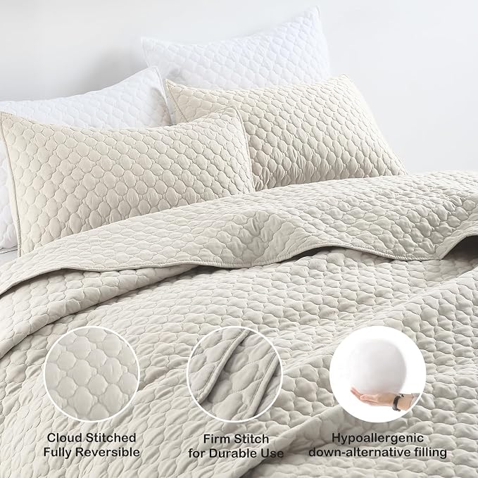 HORIMOTE HOME Quilt Set King Size Beige Bedspread, Modern Style Quilted Clouds Pattern Soft Coverlet Set Lightweight Microfiber Quilted Bedspread for All Season