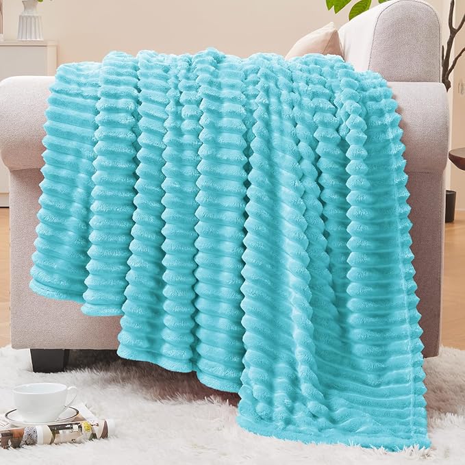 BEDELITE 3D Ribbed Light Blue Fleece Twin Blanket for Couch, 60x80 Inch | Soft Warm Fluffy Blanket for Bed Sofa College Dorm Room Decor, Luxury Cozy Plush Birthday Gifts for Women Girls, Lightweight