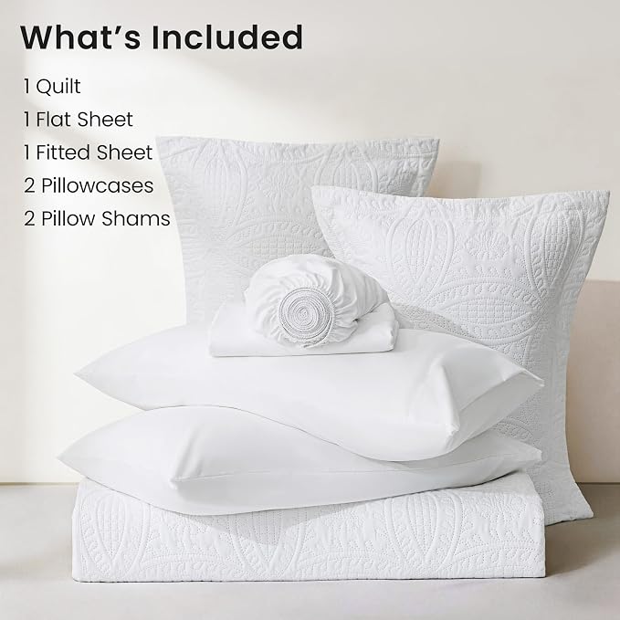 Love's cabin King Quilt Set White, Bed in a Bag King Size Bedding 7 Pieces, Ultrasonic Embossed Coin Pattern Comforter, Lightweight Bedspreads for All Seasons Quilt with Sheets, Pillowcases & Shams