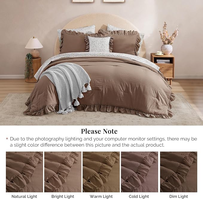 King Size Comforter Set-7 Pieces Ruffle Bedding Floral Sheet | Brown Bed in a Bag, Soft Lightweight All Season Farmhouse King Size Bedding Sets with Floral Sheets, Pillowcases & Shams