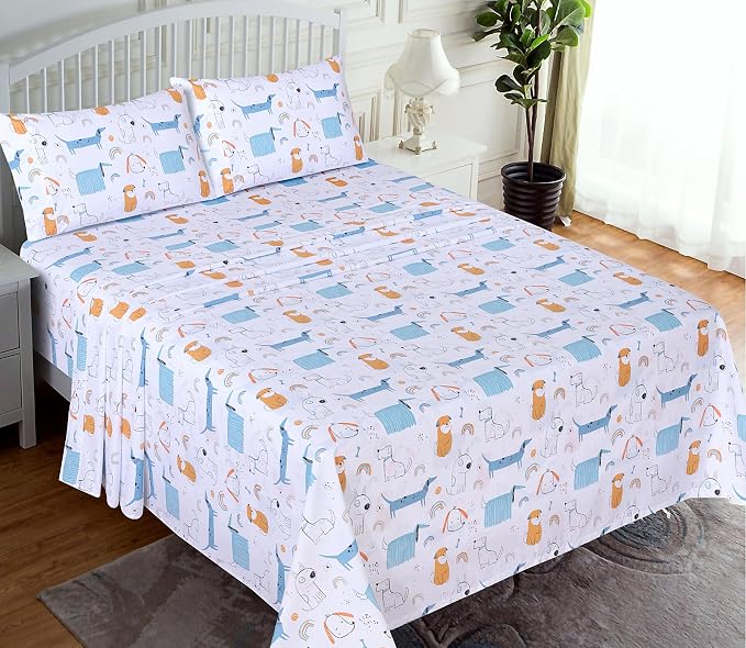 RUVANTI 100% Cotton Percale Sheets Queen Size, Puppy Me | Crisp Cooling, Deep Pocket 16", Soft Breathable & Durable, Hotel-Style, 4 Piece Set