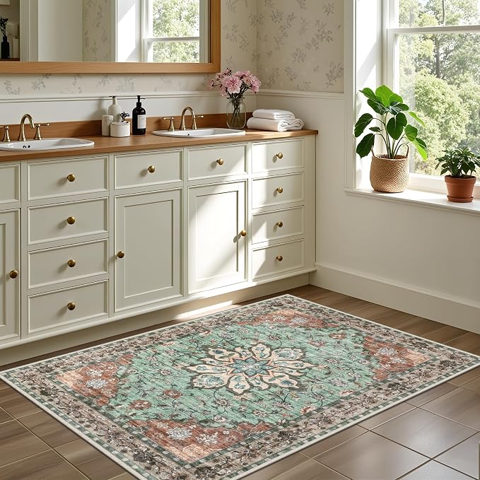 2x3 Area Rugs Living Room: Washable Rug for Bedroom Brown Green | Boho No Slip Stain Resistant Rug Soft Indoor Decor Floor Floral 2x3 Area Rugs for Dining Room, Nursery, Hallway, Home Office