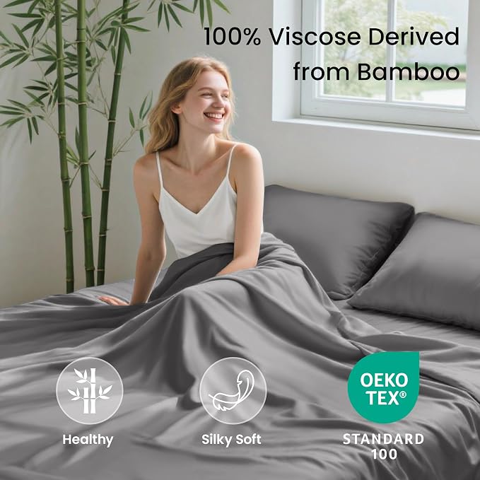 Love's cabin 4 Piece Queen Sheet Set, 100% Rayon Derived from Bamboo, Cooling & Breathable, Soft Silky Deep Pocket up to 16", Hotel Luxury Bedding for Hot Sleepers, Grey