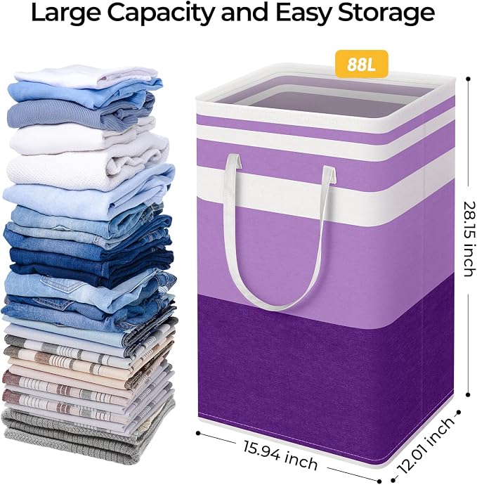 HomeHacks 2 Pack Laundry Baskets, Laundry Hampers Bags (Purple 88Lx2) | Waterproof, Freestanding, Collapsible Clothes Hamper with Reinforced Handles in Laundry Room, Dorm, Bathroom, Bedroom