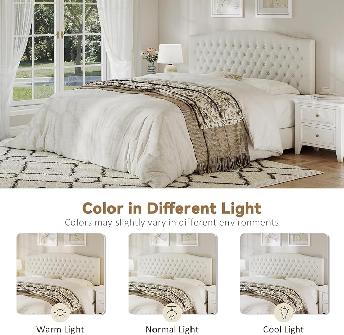 King Headboard Only, Linen Classic Tufted Design, Ivory | 2 installation options: 1.bed frame mount 2.wall mount (for adjustable bed), Classic hand-tufted headboard king size