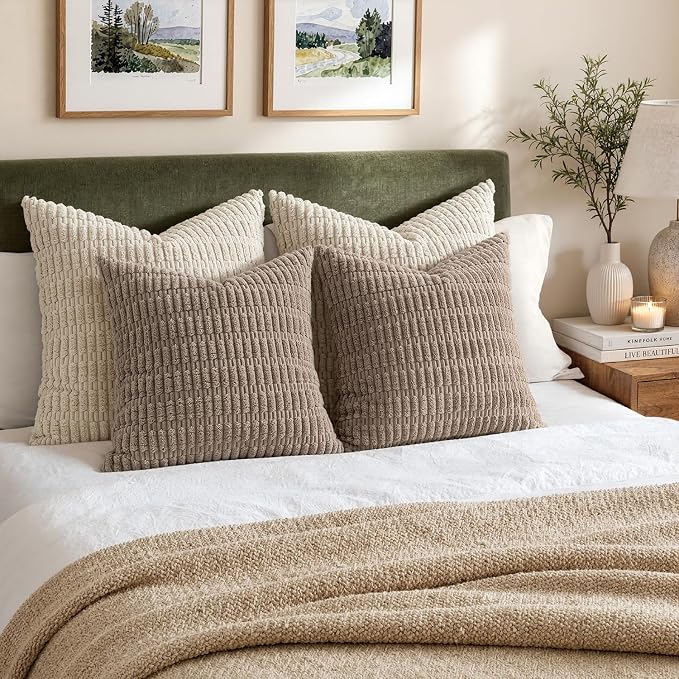 MIULEE Corduroy Decorative Throw Pillow Covers 20x20 Light Brown Pack of 2 | Soft Boho Striped Pillow Covers Modern Farmhouse Fall Home Decor For Sofa Living Room Couch Bed